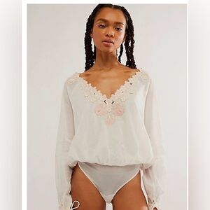 NWT Free People Body Salty Sweet Bodysuit Top Floral Embroidered White